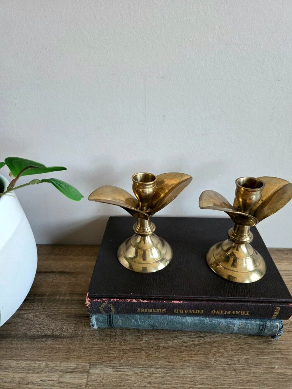 Pair of Solid Brass Vintage Handmade Candlesticks Candleholders Floral Shape - Picture 2 of 8